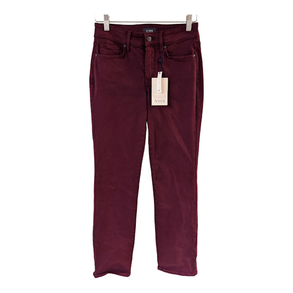 New NYDJ Size 0 Marilyn Straight Deep Merlot Jeans Maroon Cotton Lyocell NWT